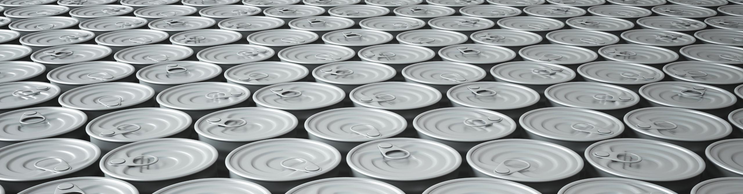 Lots of soda/beer cans in rows from above close up full frame