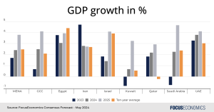 Our Consensus is for MENA’s GDP growth to undershoot 10-year average in 2024, before rising above it in 2025 MENA